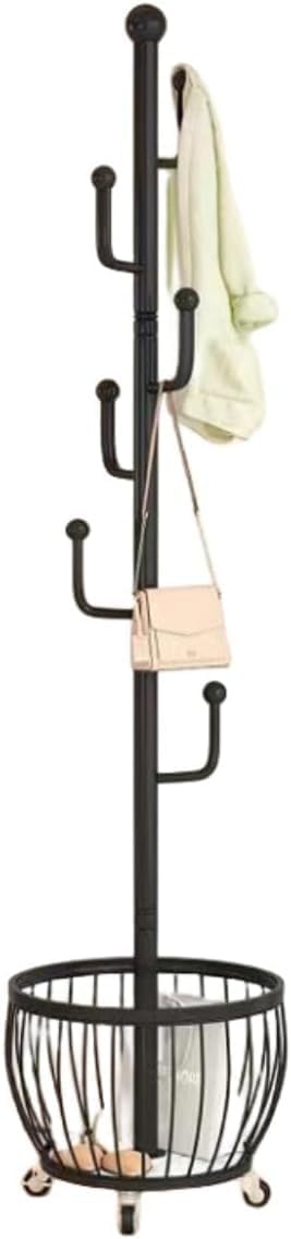 Clothes Rack Gold,Freestanding Coat Rack Modern Rolling Garment Rack with Wheels and Bottom Shelves,for Entryway, Hallway, and Closet Organization Metal Coat Rack (black+6 hooks)