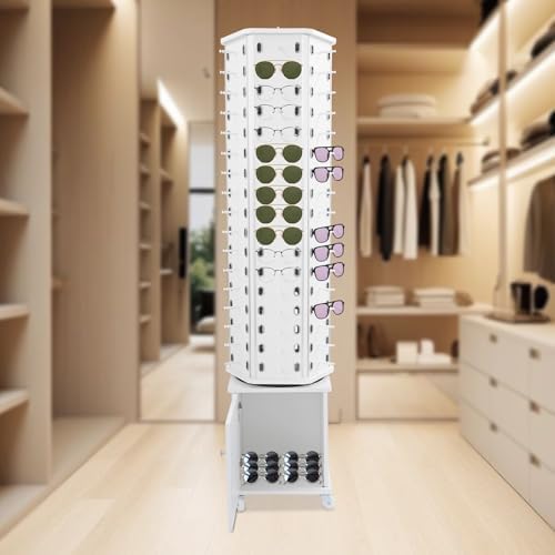 360° Rotating Sunglasses Display Stand on Wheels, Modern Eyewear Organizer for 102 Pairs, Commercial Glasses Storage Rack with White Panel & Box