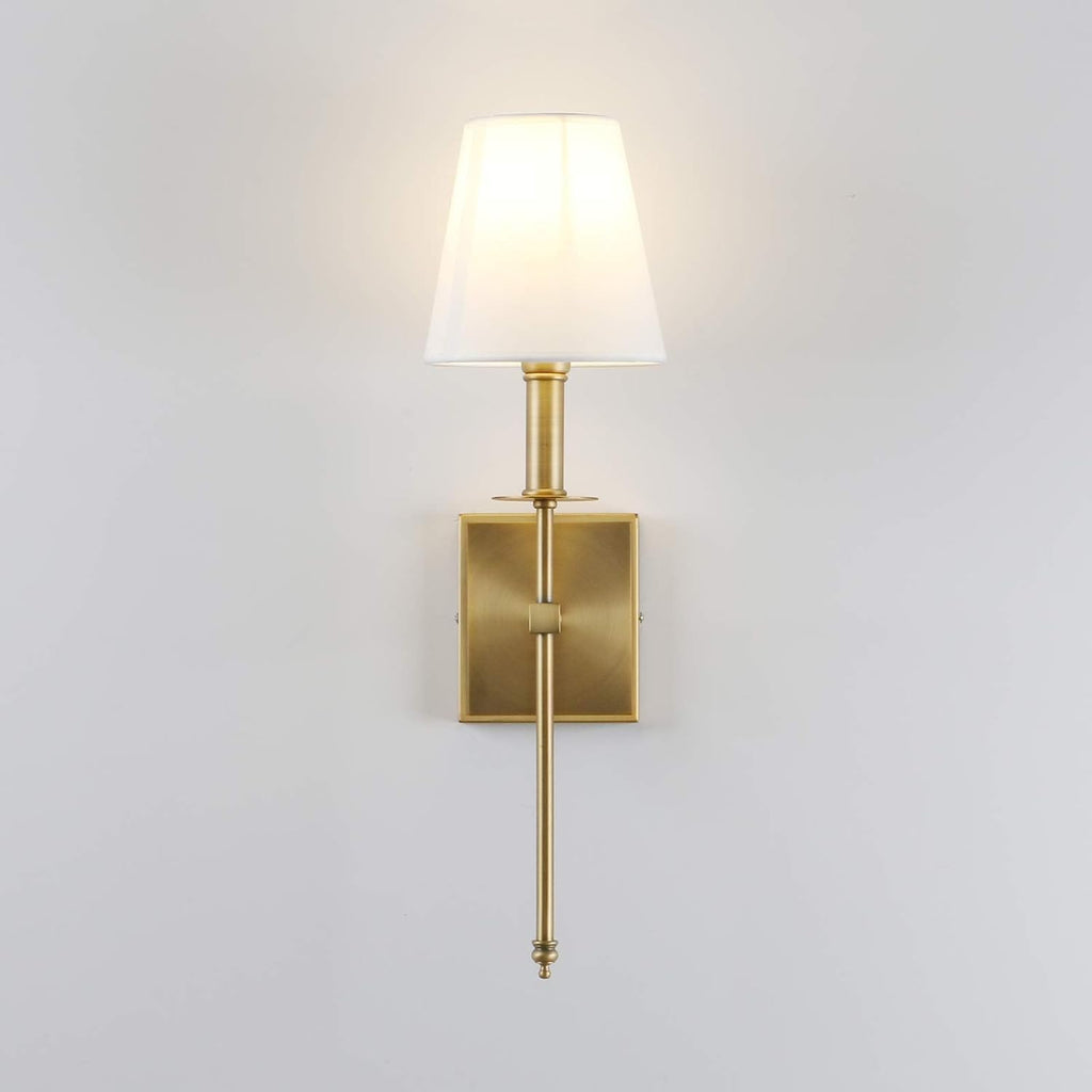 PERMO Set of 2 Classic Rustic Industrial Wall Sconce Lighting Fixture with Flared White Textile Lamp Shade and Antique Brass Tapered Column Stand, Hardwired, E26 Base