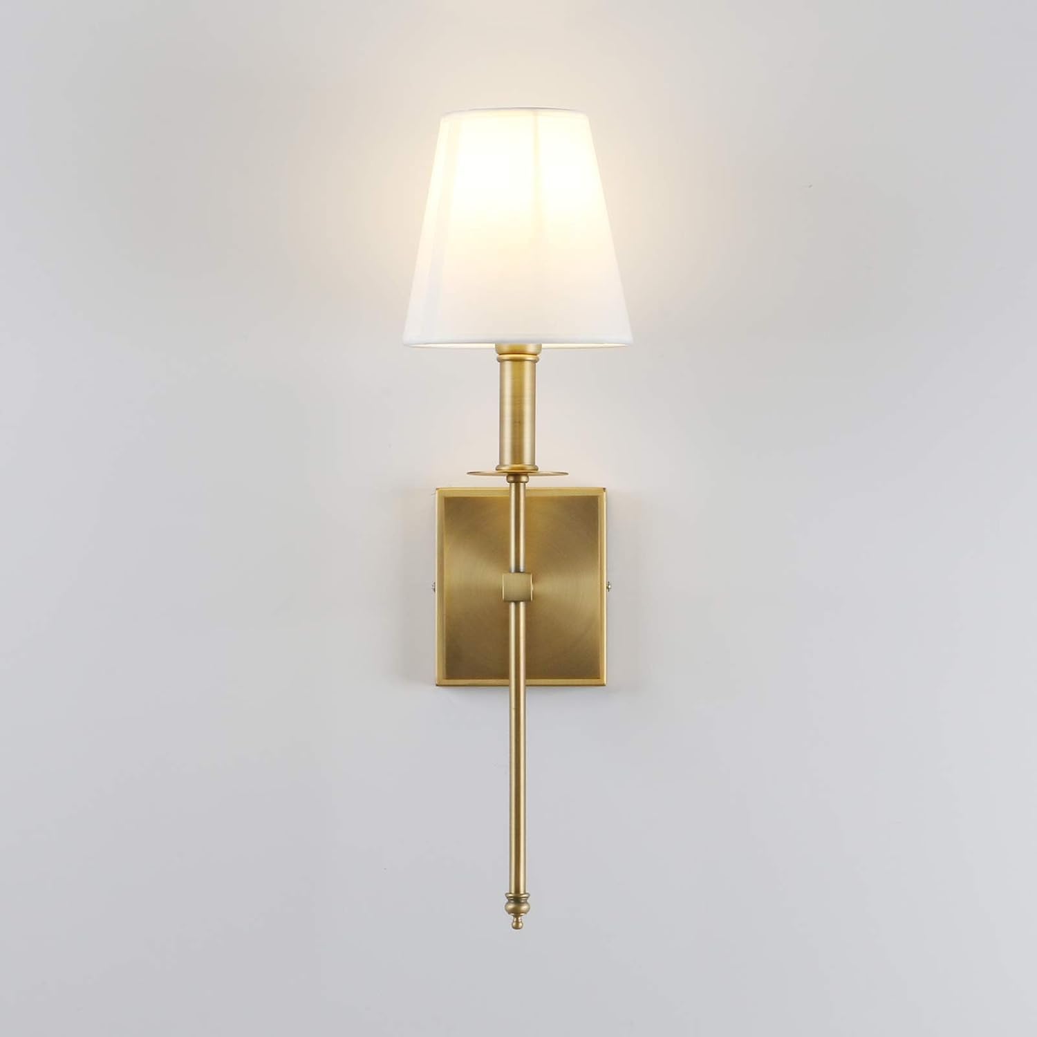 PERMO Set of 2 Classic Rustic Industrial Wall Sconce Lighting Fixture with Flared White Textile Lamp Shade and Antique Brass Tapered Column Stand, Hardwired, E26 Base