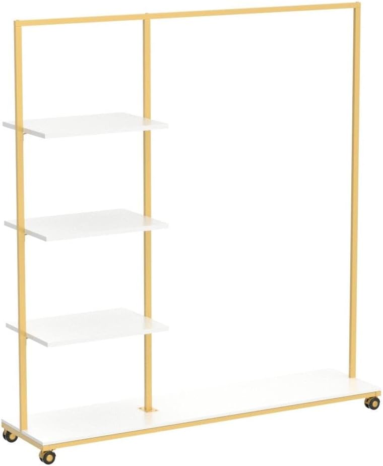 Gold Clothes Racks with 4-Tier Wood Shelves, Modern Freestanding Gold Clothing Racks for Hanging Clothes Display Racks,Rolling Clothing Racks for Boutique, Cloth Store
