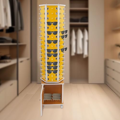 360° Rotating Eyewear Organizer with Wheels - Modern Glasses Storage Display for 102 Pairs, Commercial Sunglasses Cabinet, Stylish Yellow Design