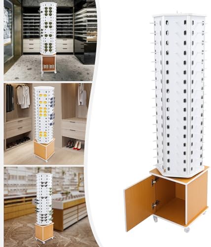 360° Rotating Sunglasses Organizer with Wheels, Holds 102 Pairs, Modern Eyewear Display Stand, Commercial Glasses Storage Cabinet, Stylish White & Yellow Design