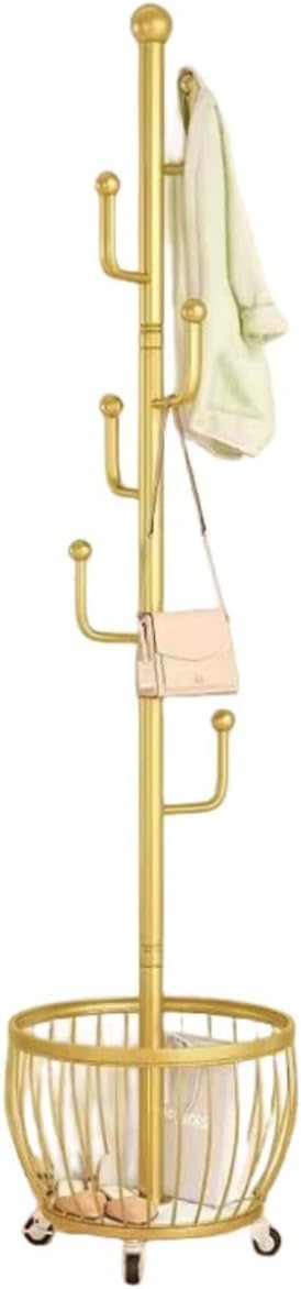 Clothes Rack Gold,Freestanding Coat Rack Modern Rolling Garment Rack with Wheels and Bottom Shelves,for Entryway, Hallway, and Closet Organization Metal Coat Rack (golden+6 hooks)