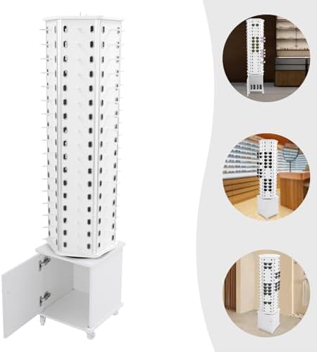 360° Rotating Sunglasses Display Stand on Wheels, Modern Eyewear Organizer for 102 Pairs, Commercial Glasses Storage Rack with White Panel & Box