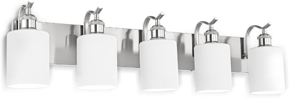 5 Light Bathroom Vanity Light, Brushed Nickel Vanity Lights for Morden Bathroom Lighting Fixtures Over Mirror Wall Light Fixtures with Milky White Frosted Shade ZCVL01BNW-5