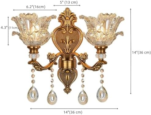 Vintage Crystal Wall Sconces Set of 2 - Antique Brass Floral Hanging Lamp Light Fixture for Bedroom, Living Room, Bathroom, Corridor, Hallway - Middle Ages Style