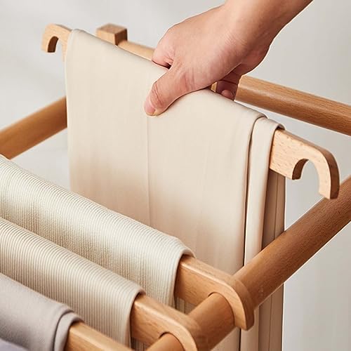 Wooden Rolling Trousers Rack with Wheels – Freestanding Metal Garment Organizer for Bedroom & Laundry Room – Multi-Functional Hanger for Pants, Skirts & Scarves