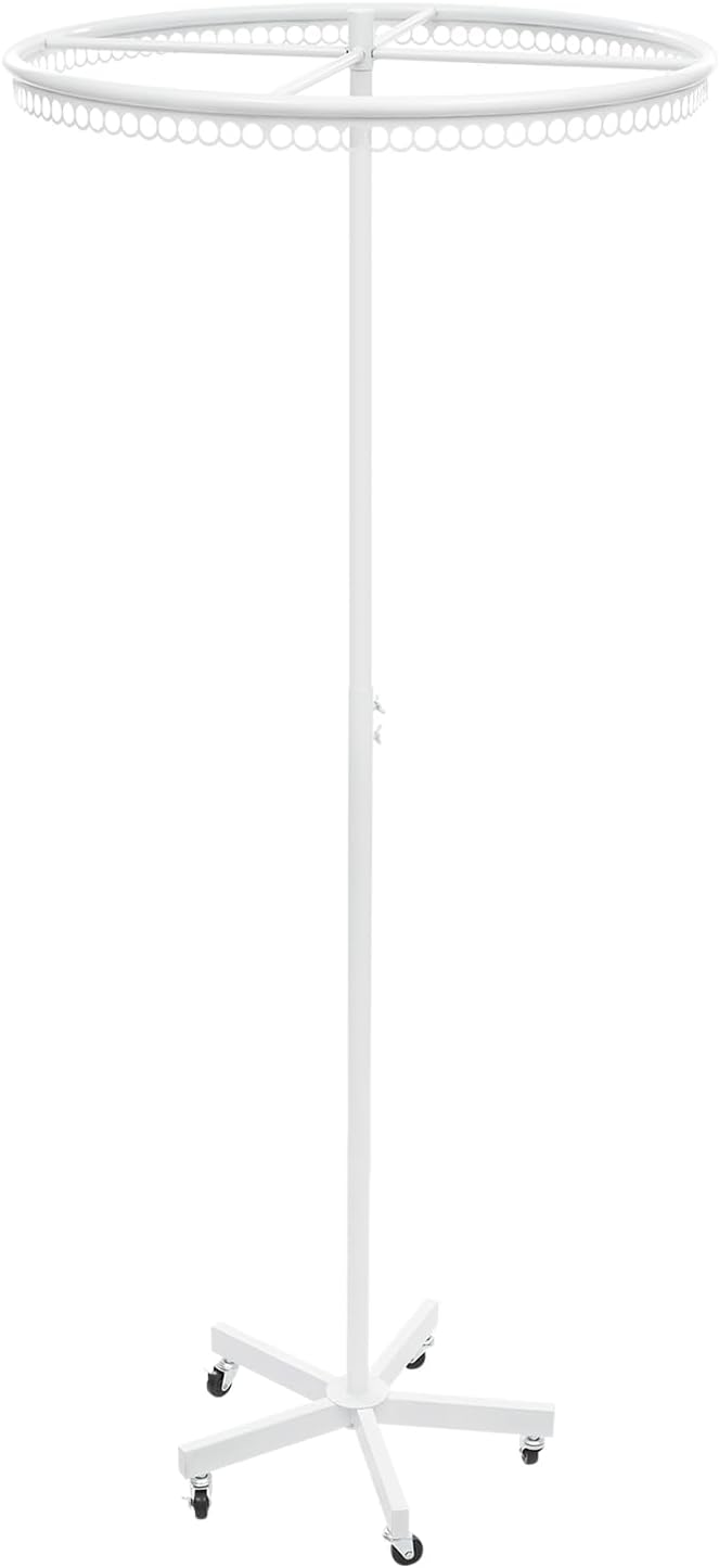 Rotatable Round Clothes Rack 360°Rotating Round Clothing Rack with Wheels Garment Display Racks for Shopping Centers, Clothing Stores 66lbs Capacity 45.7-74.8in Adjustable Height (White)