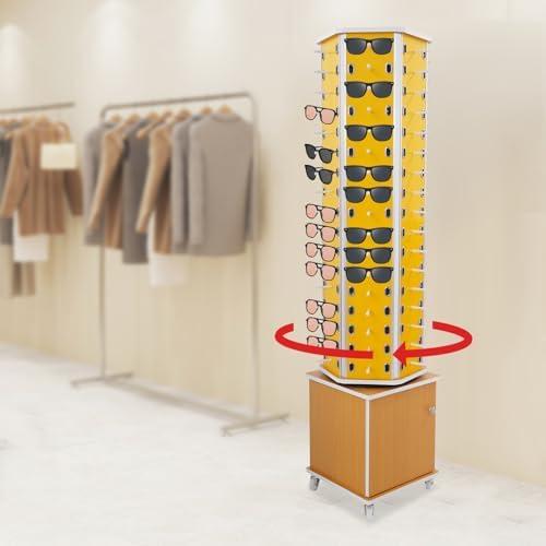 360° Rotating Eyewear Organizer with Wheels - Modern Glasses Storage Display for 102 Pairs, Commercial Sunglasses Cabinet, Stylish Yellow Design
