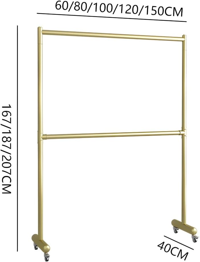 Zfmnoyev Double Rod Heavy Duty Garment Rack, Metal Rolling Garment Rack with Wheels, Large Capacity Height Adjustable Clothes Hanger Rack, for Bedroom, Living Room, Clothing Store(Gold,60x40x167 cm)