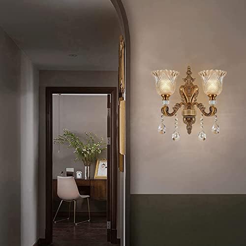 Vintage Crystal Wall Sconces Set of 2 - Antique Brass Floral Design Hanging Lamps for Bedroom, Living Room, Bathroom, Hallway - Elegant Lighting Fixture (B, 2 Lights)