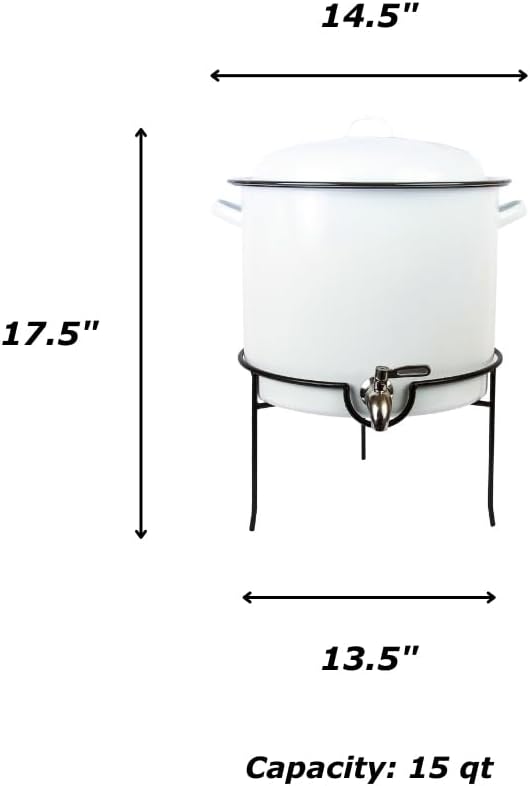 Enamelware Beverage Dispenser with Rack, 15 quart, Vintage White/Blue
