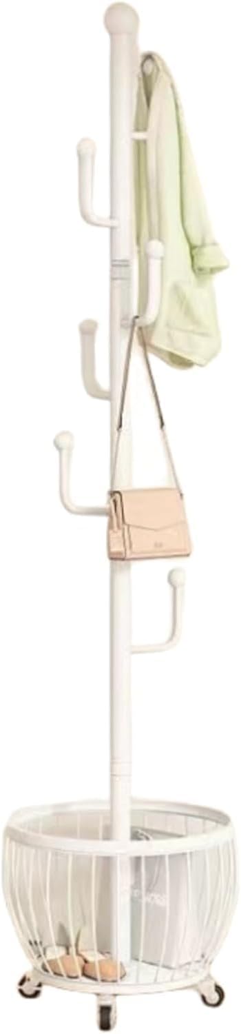 Clothes Rack Gold,Freestanding Coat Rack Modern Rolling Garment Rack with Wheels and Bottom Shelves,for Entryway, Hallway, and Closet Organization Metal Coat Rack (white+6 hooks)