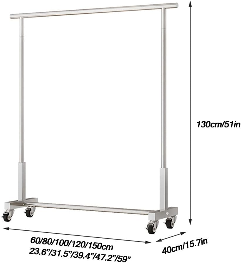 Heavy Duty Rolling Clothes Rack with Wheels - Steel Garment Rack for Hanging Clothes - Portable Clothes Organizer for Bedroom & Laundry Room - Silver, 60x40x130cm