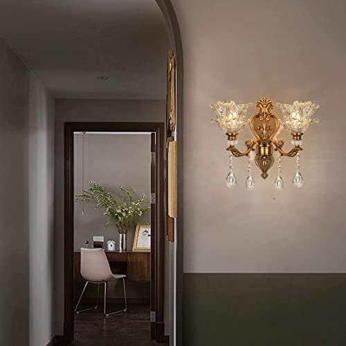 Vintage Crystal Wall Sconces Set of 2 - Antique Brass Floral Hanging Lamp Light Fixture for Bedroom, Living Room, Bathroom, Corridor, Hallway - Middle Ages Style