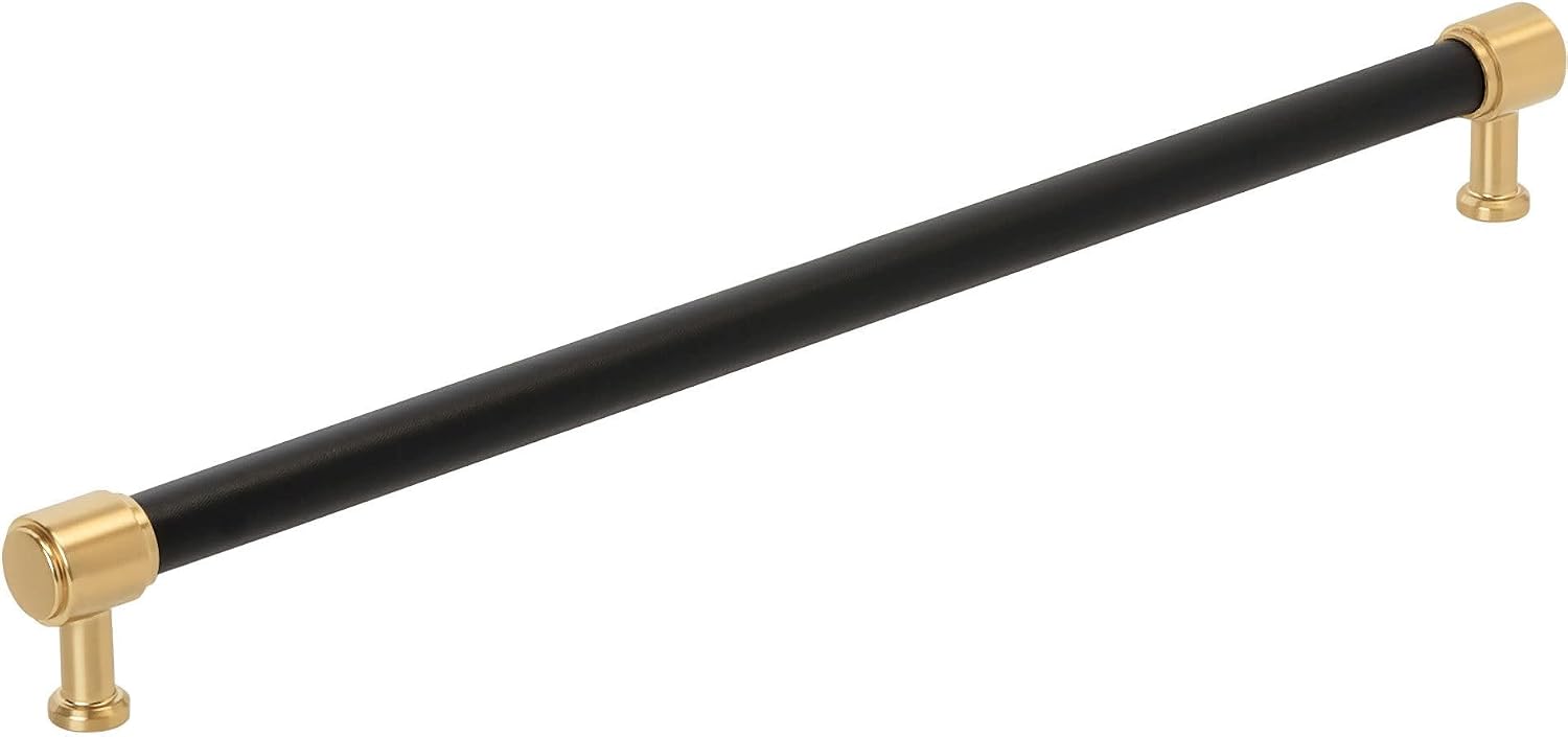 Signature Hardware 954064-18 Lazzara 18 Inch Center to Center Black Leather Appliance Pull - Champagne Bronze