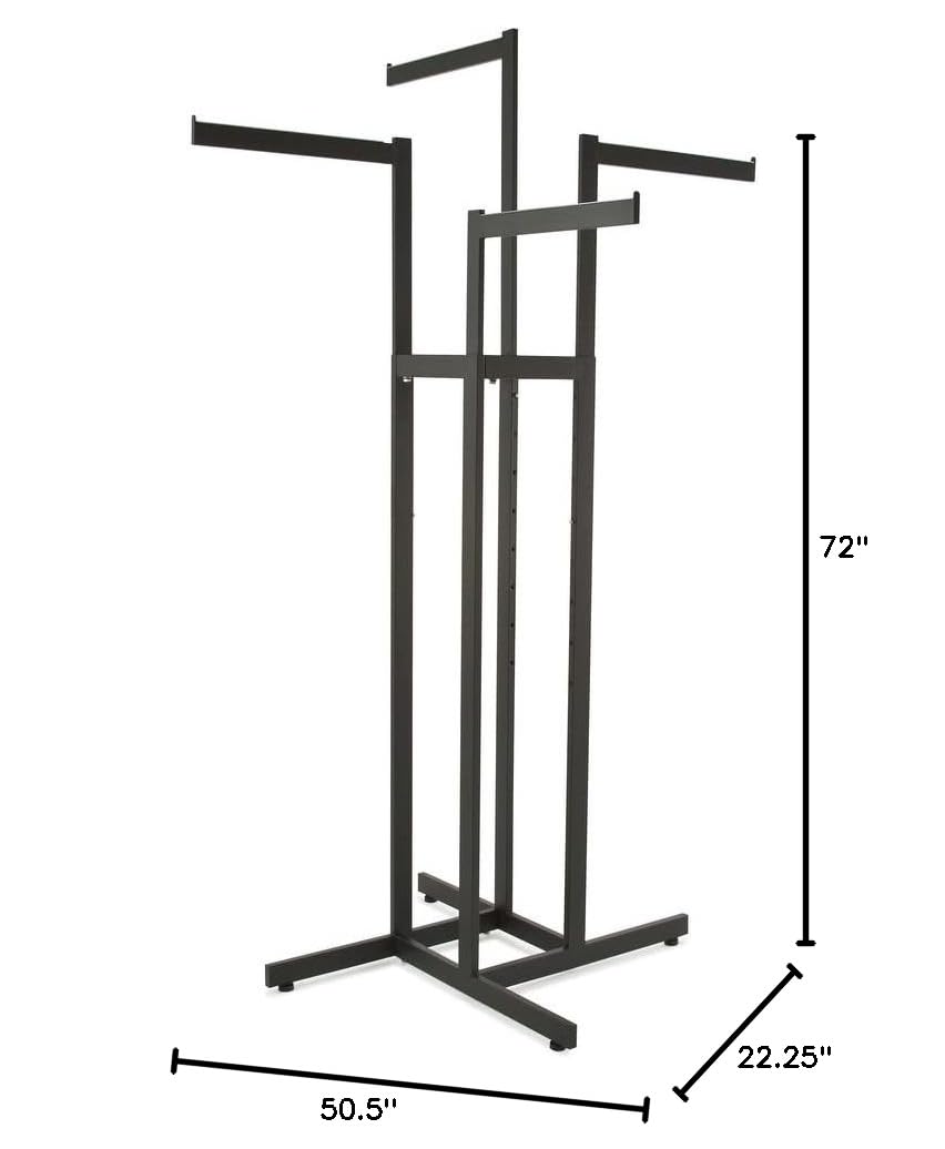 Clothing Rack – Black 4 Way Rack, Adjustable Height Arms, Blade Arms, Square Tubing, Perfect for Clothing Store Display With 4 Straight Arms