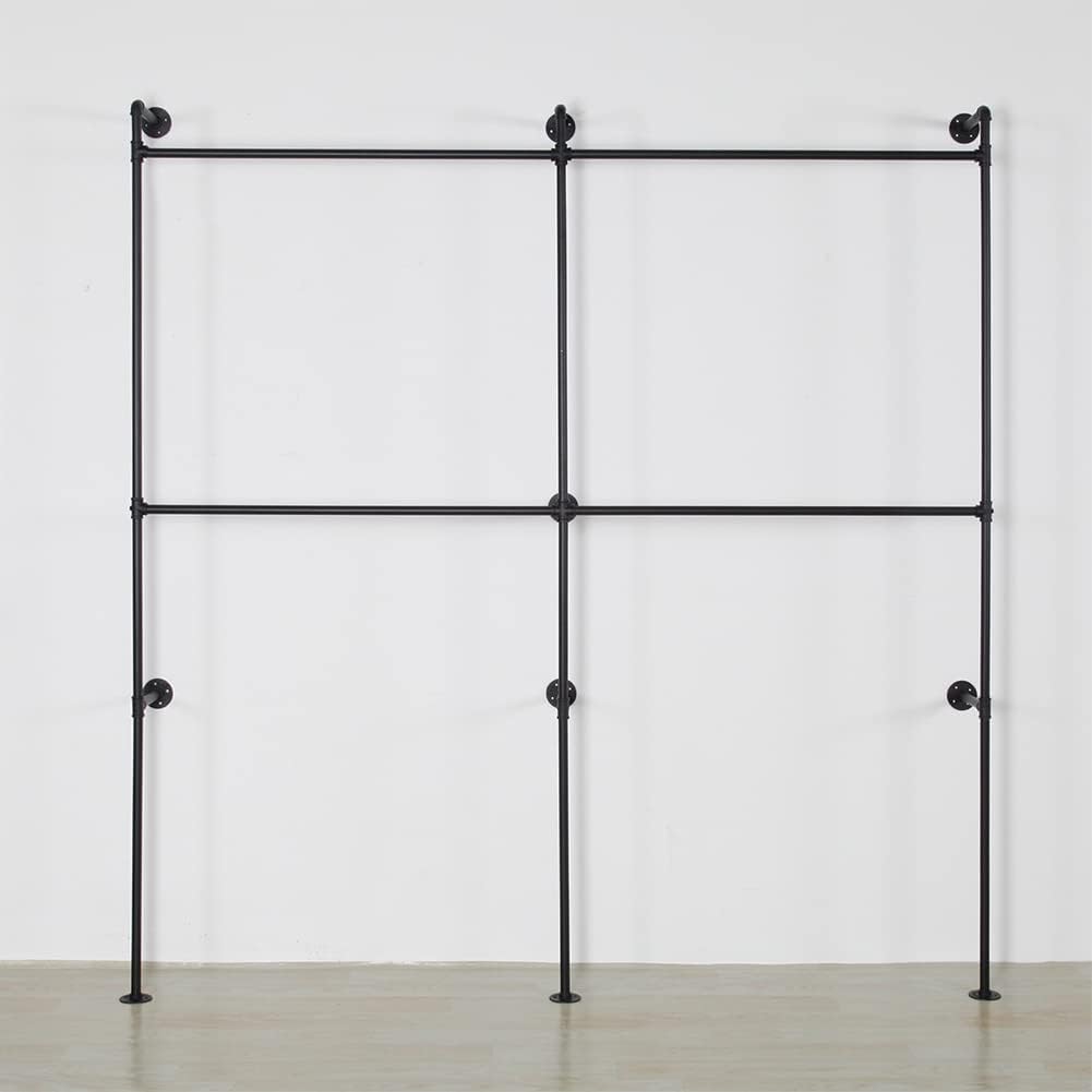 Industrial Pipe Clothing Rack Heavy Duty Double Closet Rod Clothes Rack, Clothing Rods for Hanging Clothes, Wall Mounted Clothes Garment Rack Closet System 90in Black