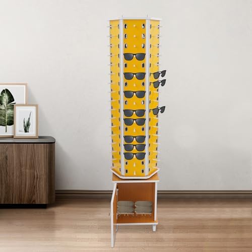 360° Rotating Eyewear Organizer with Wheels - Modern Glasses Storage Display for 102 Pairs, Commercial Sunglasses Cabinet, Stylish Yellow Design