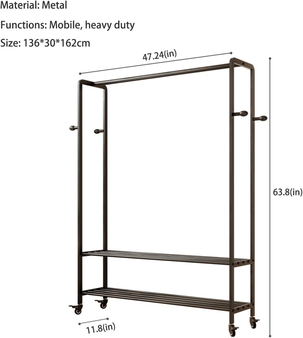 Black Rolling Garment Rack with Shelves and Hooks,Freestanding Metal Clothing Rack with Wheels,Large Clothes Hanging Rack for Bedroom,Closet, Entryway,Wardrobe,Boutique Display
