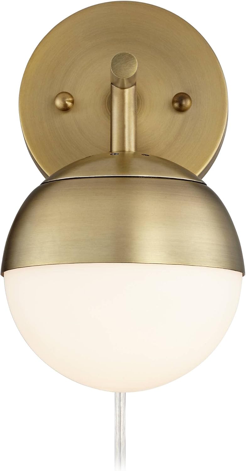 360 Lighting Luna Mid Century Modern Wall Lamps Set of 2 Brass Metal Plug-in 5 1/2' Fixture Frosted Glass Sphere Shade for Bedroom Bedside House Reading Living Room Home Hallway Dining