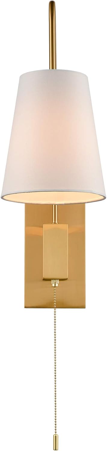 Modern Brass Plug-in Wall Sconces Set of Two Fabric Shade Bedroom Wall Lamp with Pull Chain Switch
