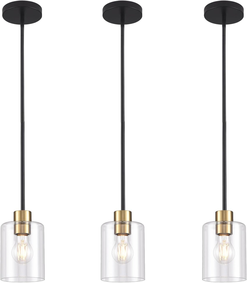 Modern 3 Pack Black Gold Pendant Lights for Kitchen Island, Brushed Brass Modern Hanging Light with Clear Glass Shade, Adjustable Metal Rod Pendant Lighting for Dining Room, Living Room, Bar, Entryway