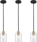 Modern 3 Pack Black Gold Pendant Lights for Kitchen Island, Brushed Brass Modern Hanging Light with Clear Glass Shade, Adjustable Metal Rod Pendant Lighting for Dining Room, Living Room, Bar, Entryway