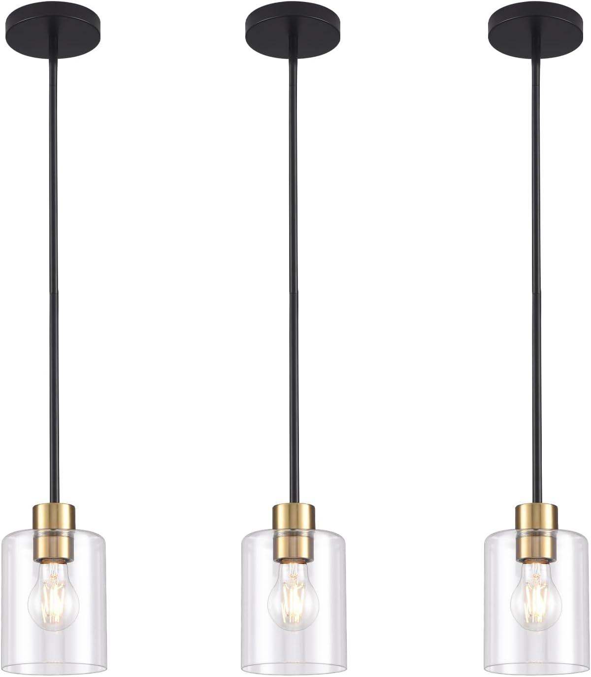 Modern 3 Pack Black Gold Pendant Lights for Kitchen Island, Brushed Brass Modern Hanging Light with Clear Glass Shade, Adjustable Metal Rod Pendant Lighting for Dining Room, Living Room, Bar, Entryway