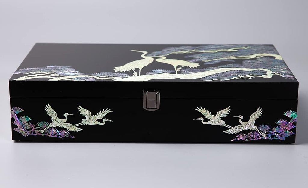 Antique Alive Mother of Pearl Wood Sunglasses Box Eyeglasses Valet Display Storage Case for Glasses, Watches, Jewelry, Trinkets Wooden Accessory Organizer Gift (Crane & Pine Black)
