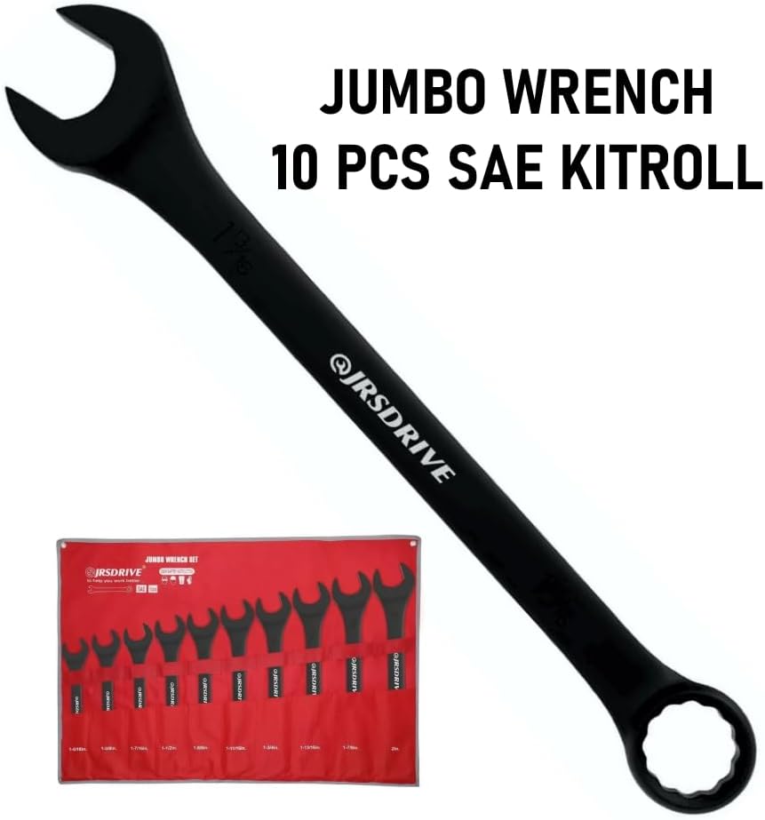 SAE Wrench Set, Large Wrench Set, 10-Piece 1-5/16″ to 2' Long Big Open End Wrench Tools Set Roll Up Pouch Organizer with Gauge, 12 Point Combination Spanner Set E-2004