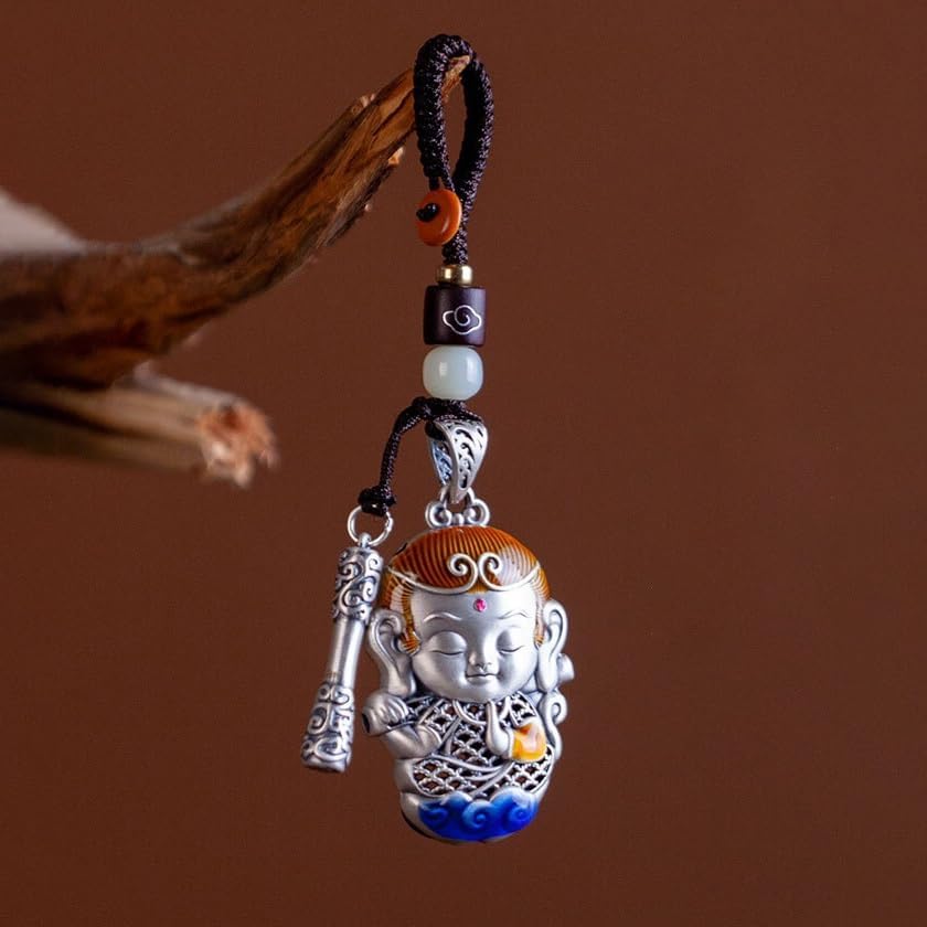 ENGENDER Keychain Silver Monkey King Car Keychain, Pendant Fighting Buddha Men and Women Gift, Key Decoration Key Chains