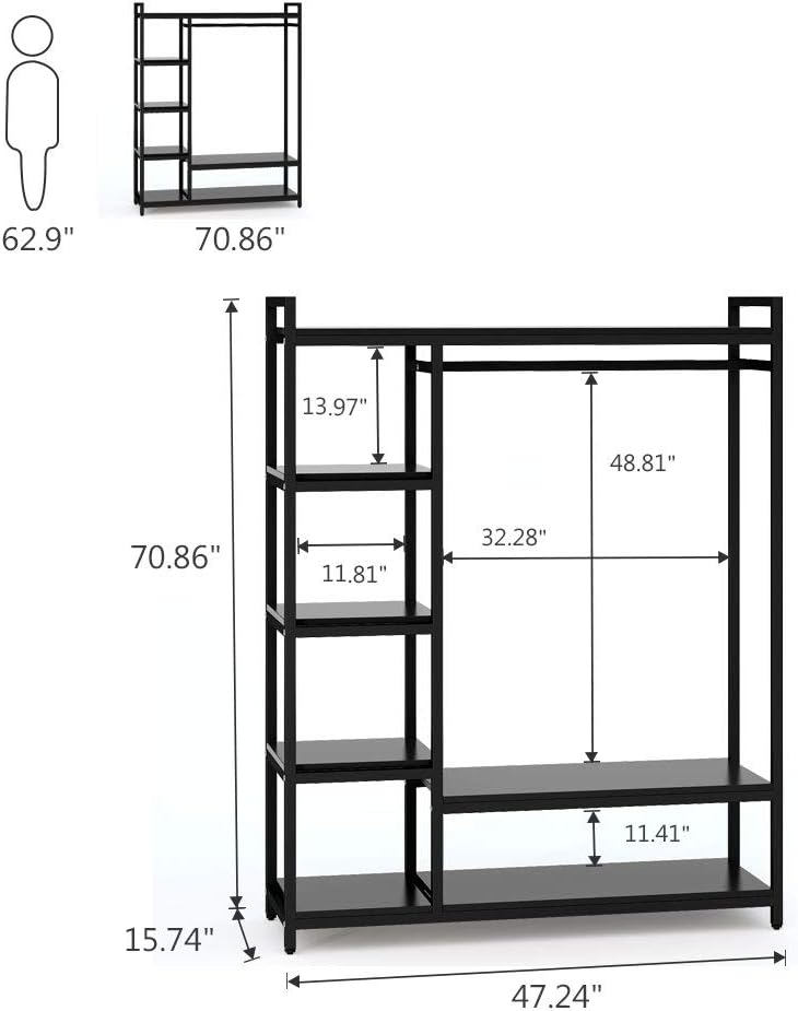 LITTLE TREE Free Standing Wood Closet Clothes Rack,Heavy Duty Grament Rack with Shelves,Hanging Racks for Clothes Clothing Rack for Bedrom,Wardrobe Closet Organizer,350 lb Capacity,Black