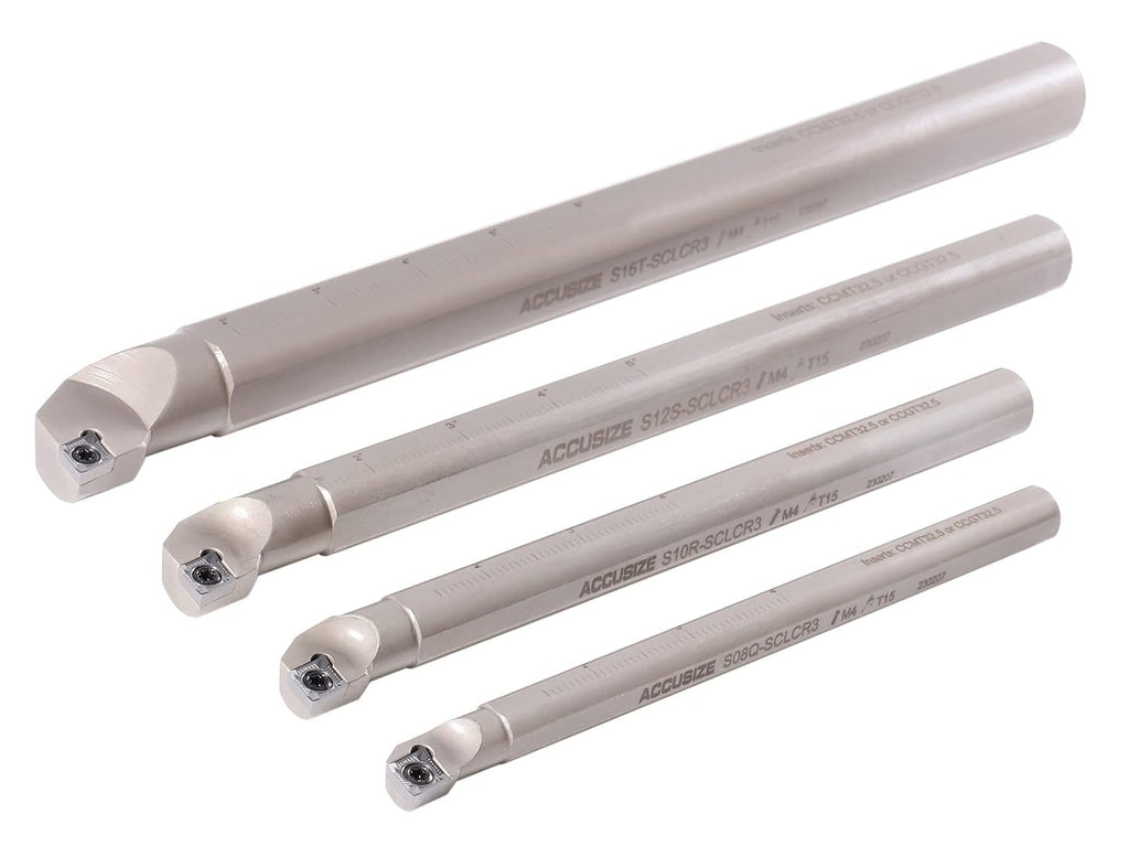 Accusize Sclcr Indexable Boring Bar Set, 1/2', 5/8', 3/4', 1' for Aluminum | 4 Pc Set with 14 CCGT32.51 AKH01 Carbide Inserts, Right Hand, Negative 5° Angle, 45HRC, Torx Screw Retention, P252-S528