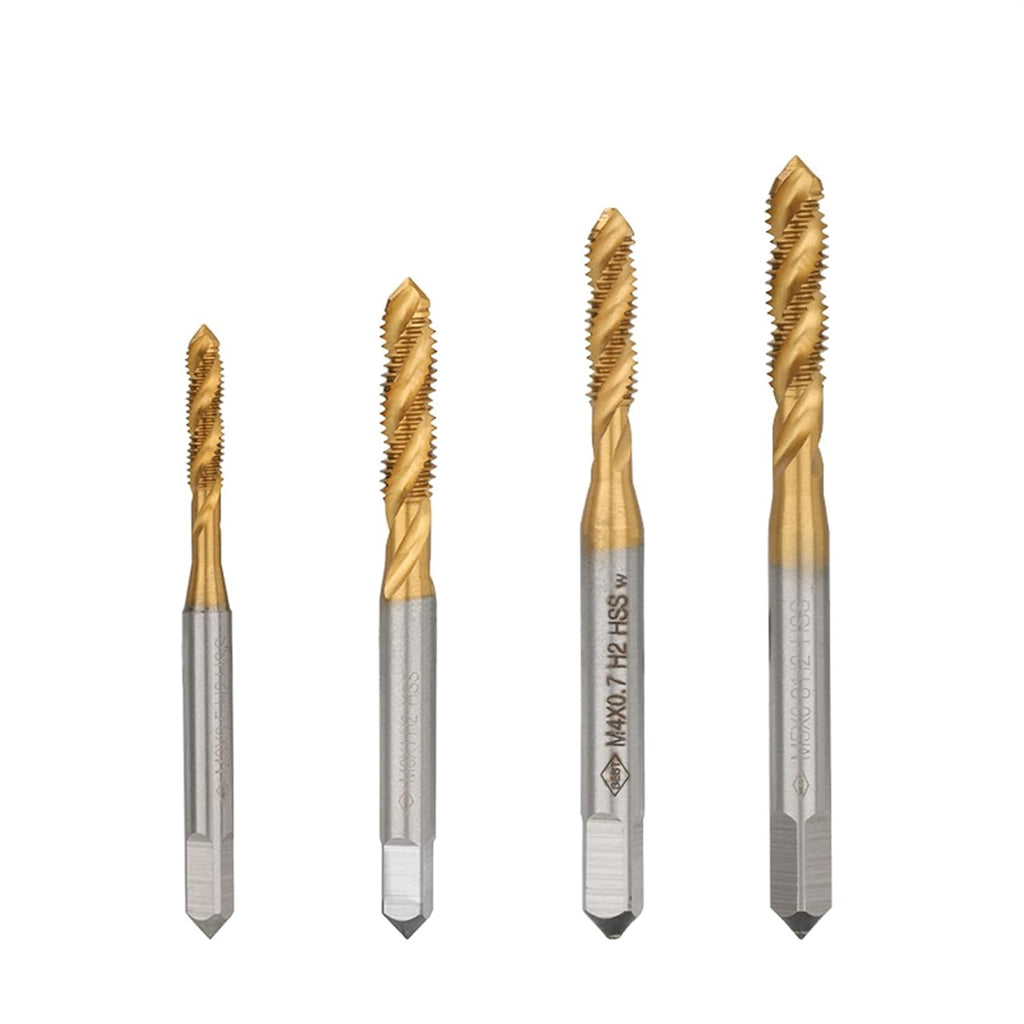Taps Set - 4pcs Spiral Pointed HSS Tapping Thread Forming Drill Bits M3 M4 M5 M6 TiN Coated Metric Screw Tap Kit