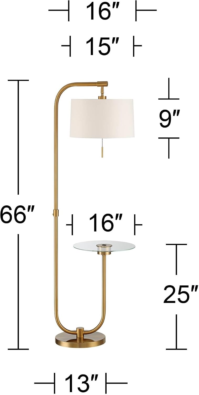 Possini Euro Design Volta Mid Century Modern Arched Floor Lamps 66' Tall Set of 2 with USB Charging Port Glass Tray Table Antique Brass White Linen Drum Shade Living Room Reading House Bedroom Home