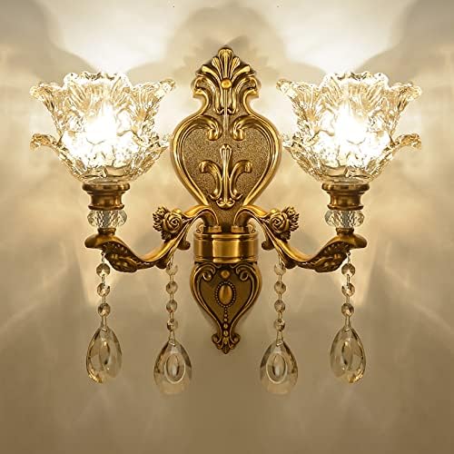 Vintage Crystal Wall Sconces Set of 2 - Antique Brass Floral Hanging Lamp Light Fixture for Bedroom, Living Room, Bathroom, Corridor, Hallway - Middle Ages Style