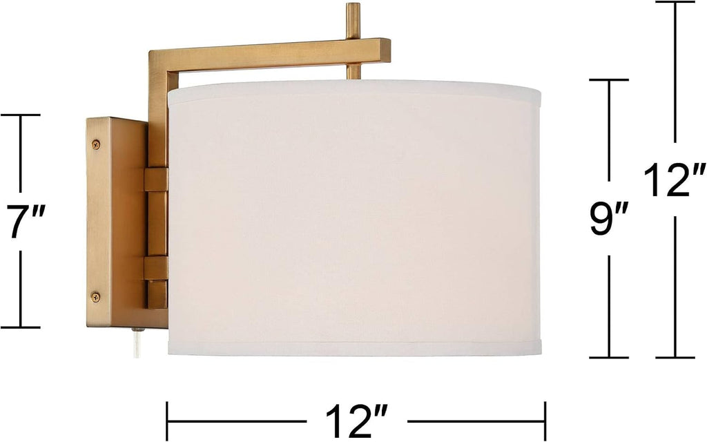 360 Lighting Adair Mid Century Modern Wall Lamps Set of 2 Warm Brass Gold Metal Plug-in 12' Fixture Linen Drum Shade for Bedroom Bedside House Reading Living Room Home Hallway Dining Decor
