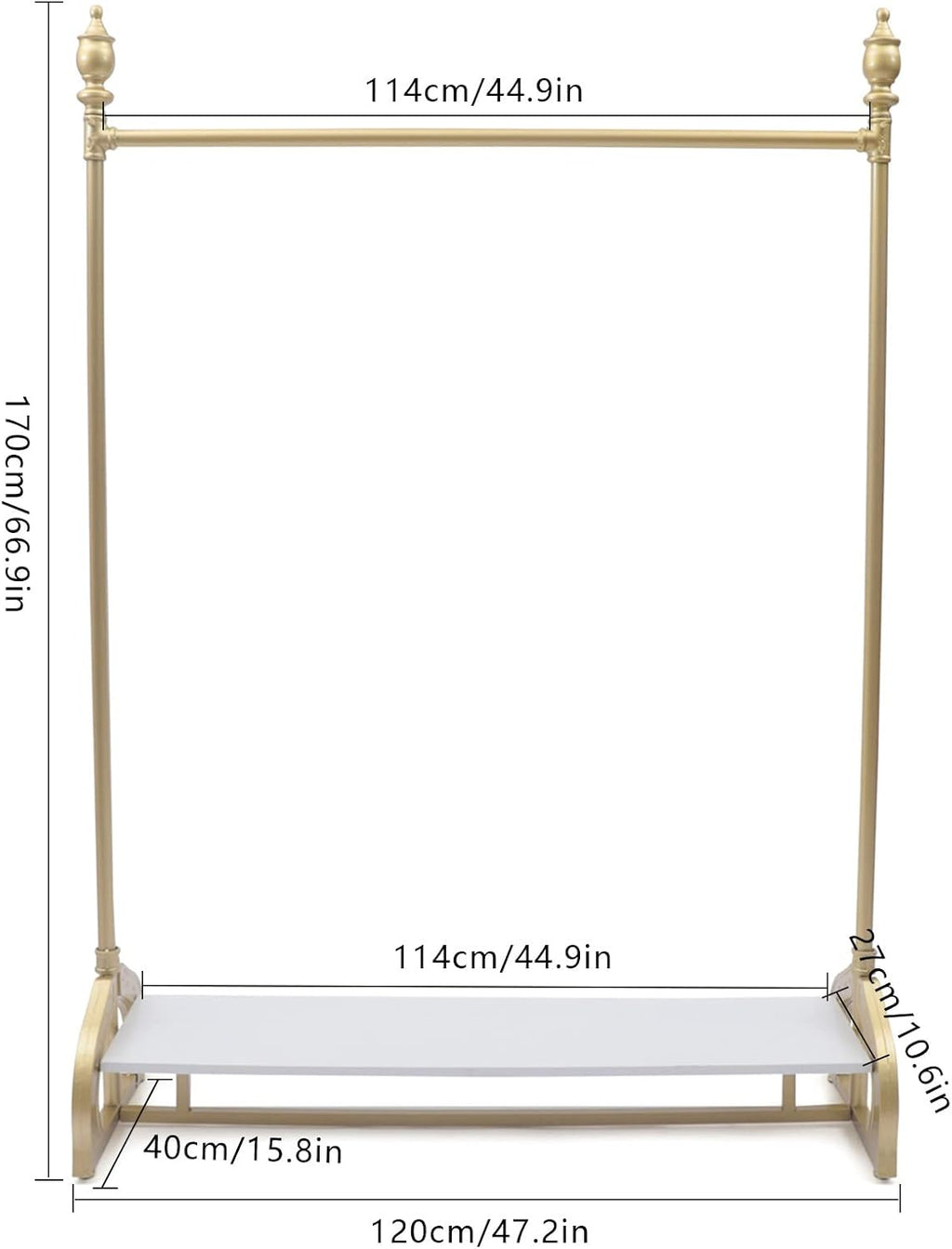 Modern Gold Clothing Rack Freestanding Multi-functional Heavy Duty Garment Rack Retail Display Clothes Rack Industrial Clothes Rack Metal Clothes Rack with Wood Shelf,Gold