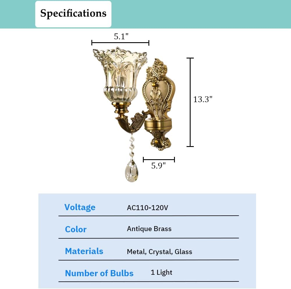 Glass Wall Sconce Set of 2, Antique Brass Wall Light, Crystal Floral Bedside Wall Lamp for Entrance, Bedroom, Hallway