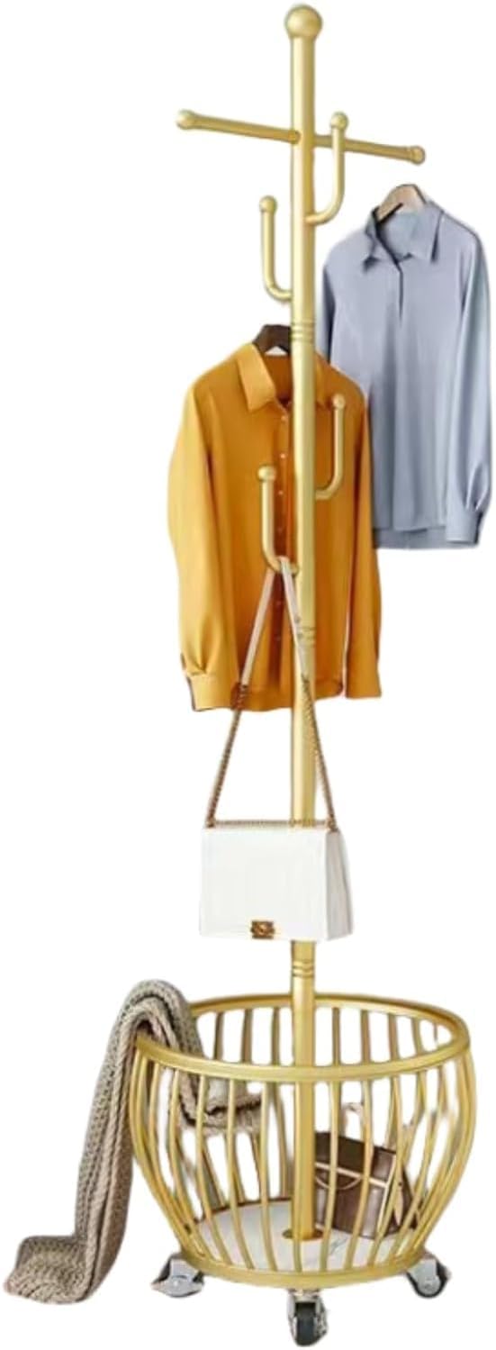 Clothes Rack Gold,Freestanding Coat Rack Modern Rolling Garment Rack with Wheels and Bottom Shelves,for Entryway, Hallway, and Closet Organization Metal Coat Rack (golden)