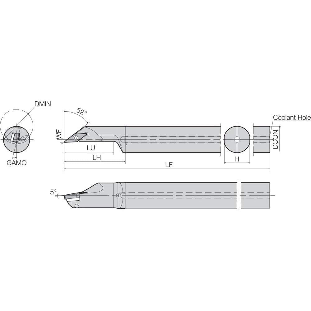 Kyocera A32SSVJBR1640AE Right-Hand, Positive Rake, Dynamic Bar Coolant-Through Boring Bar with 52 Degree Lead Angle and 40.00mm Minimum Bore Dia.