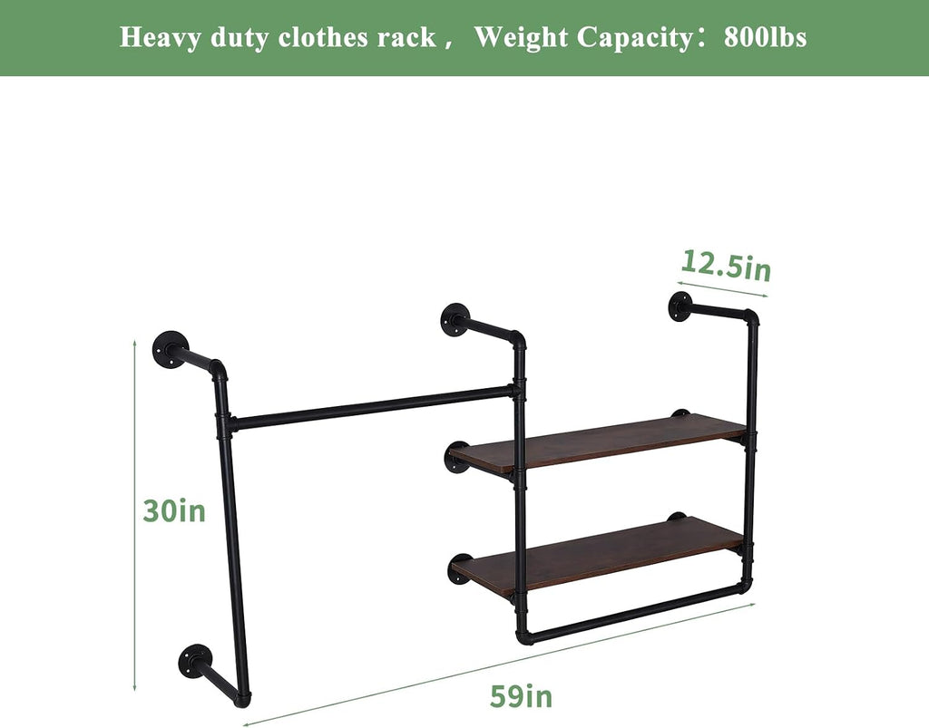 Industrial Pipe Wall-Mounted Clothing Rack with 2 Wood Shelves - Heavy Duty Double Rod Metal Garment Organizer for Bedroom/Retail Stores, Black (30H×12.5D×59W inch)