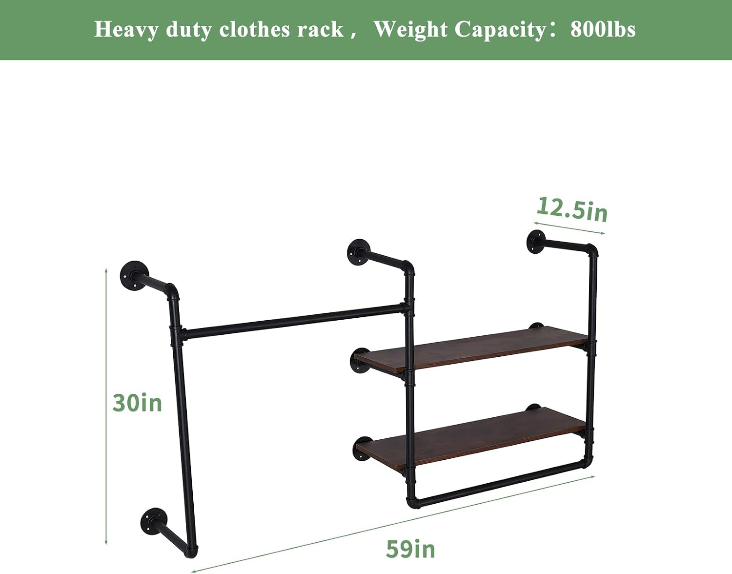 Industrial Pipe Wall-Mounted Clothing Rack with 2 Wood Shelves - Heavy Duty Double Rod Metal Garment Organizer for Bedroom/Retail Stores, Black (30H×12.5D×59W inch)