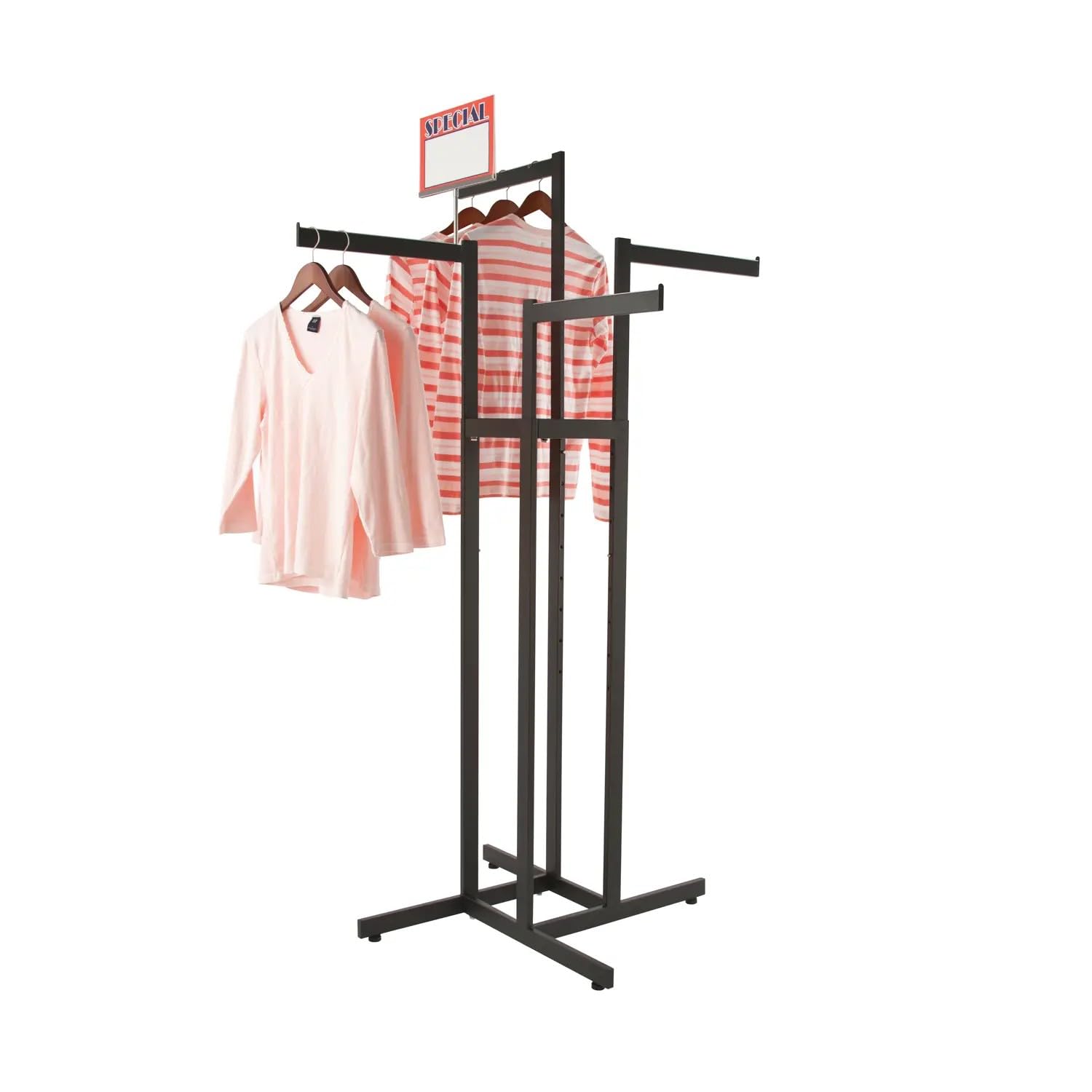 Clothing Rack – Black 4 Way Rack, Adjustable Height Arms, Blade Arms, Square Tubing, Perfect for Clothing Store Display With 4 Straight Arms