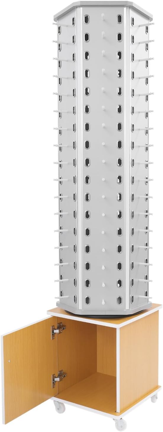 Sunglasses Retail Display Rack, 6-Sided Wood Floor-standing Eyeglass Holder, 102-Pair Eyewear Holder, 360°Rotating, with Storage Cabinet & 4 Swivel Wheels for Retail Exhibition (Silver&Yellow)
