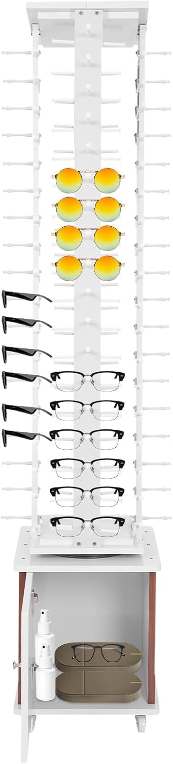 Rotating Glasse Display Stand,72 Pairs Floor-Standing Sunglasses Display Rack w/4 Swivel Wheels,Rotating Eyewear Holder Sunglasses Organizer (White)