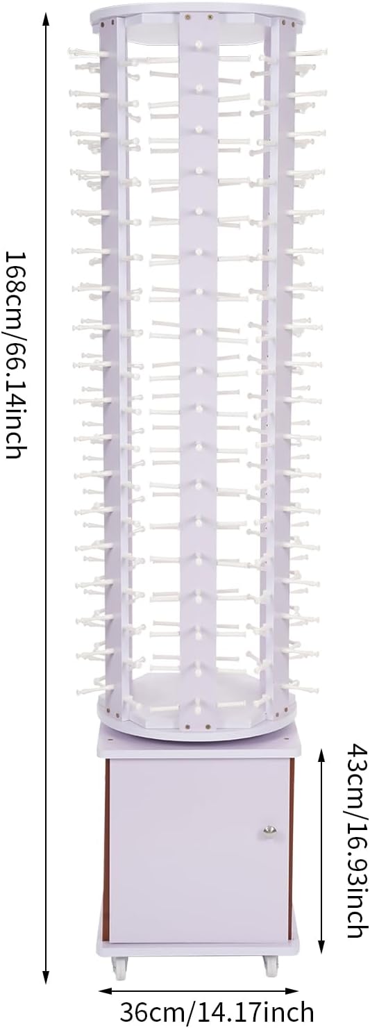 108 Pairs Glasses Sunglasses Display Stand, 360° Rotating Glasses Storage Display Rack with Cabinet, Floor Sunglasses Display Rack with Wheels, 66.14in Height with Wheels (Light Purple)
