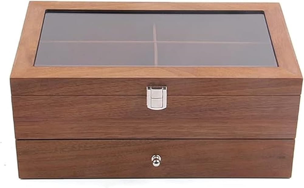 2 Layer Wooden Sunglasses Storage Case - 12 Slot Organizer with Clear Display Top & Drawer for Jewelry, Accessories, Eyewear, and Sunglasses Storage